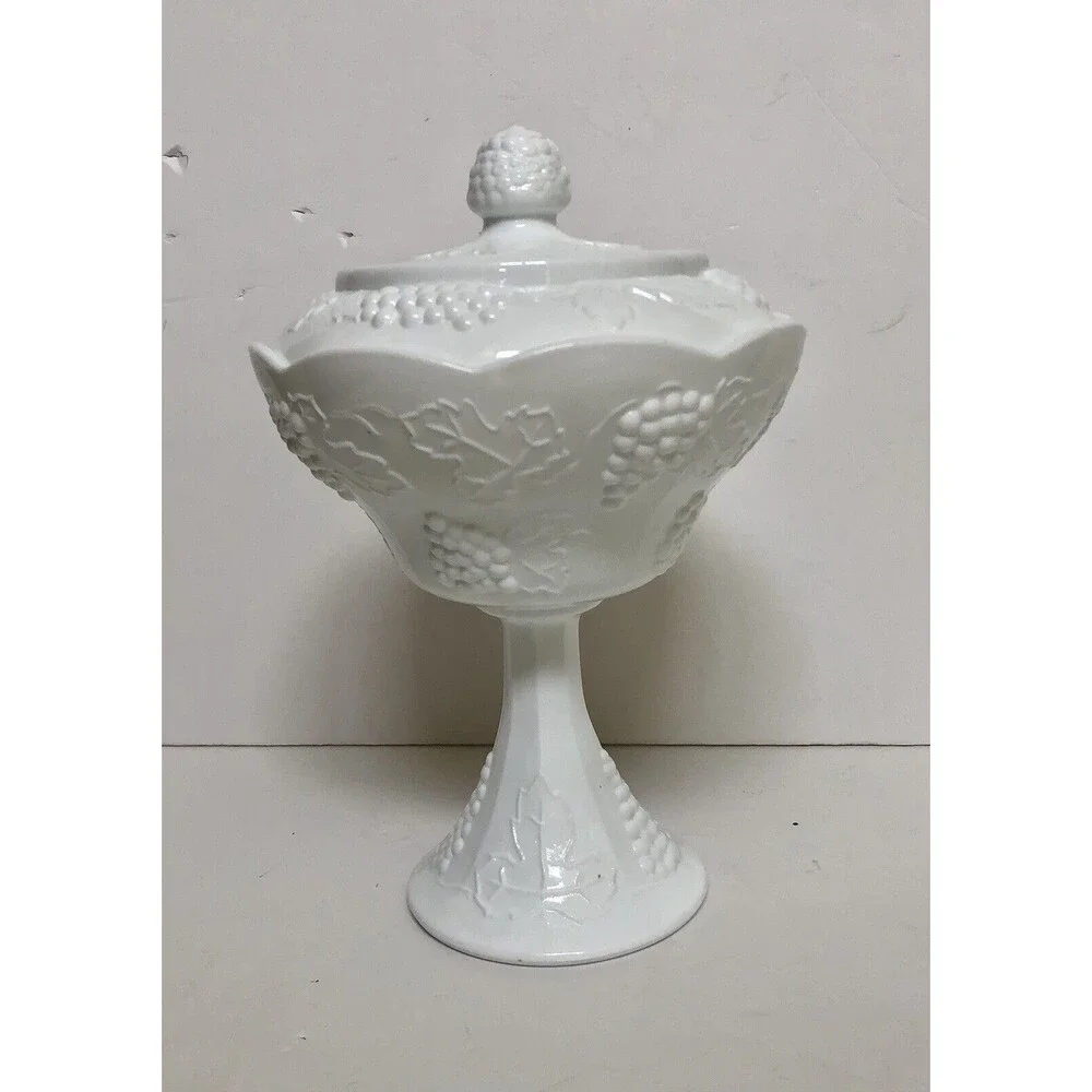 PEDESTAL CANDY DISH MIL GLASS BOWL COVERED GRAPE PATTERN 10